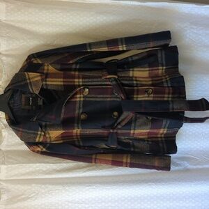 Me Jane Burgundy Tan Navy Plaid Double-Breasted Belted Women's Jacket, XL